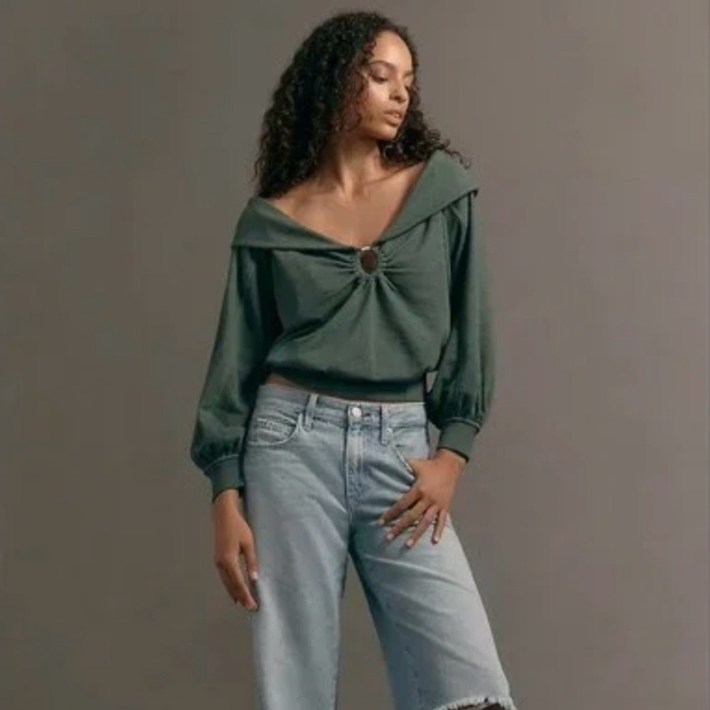 Pilcro Anthropologie Teal Off-Shoulder O-Ring Top - Picture 3 of 7